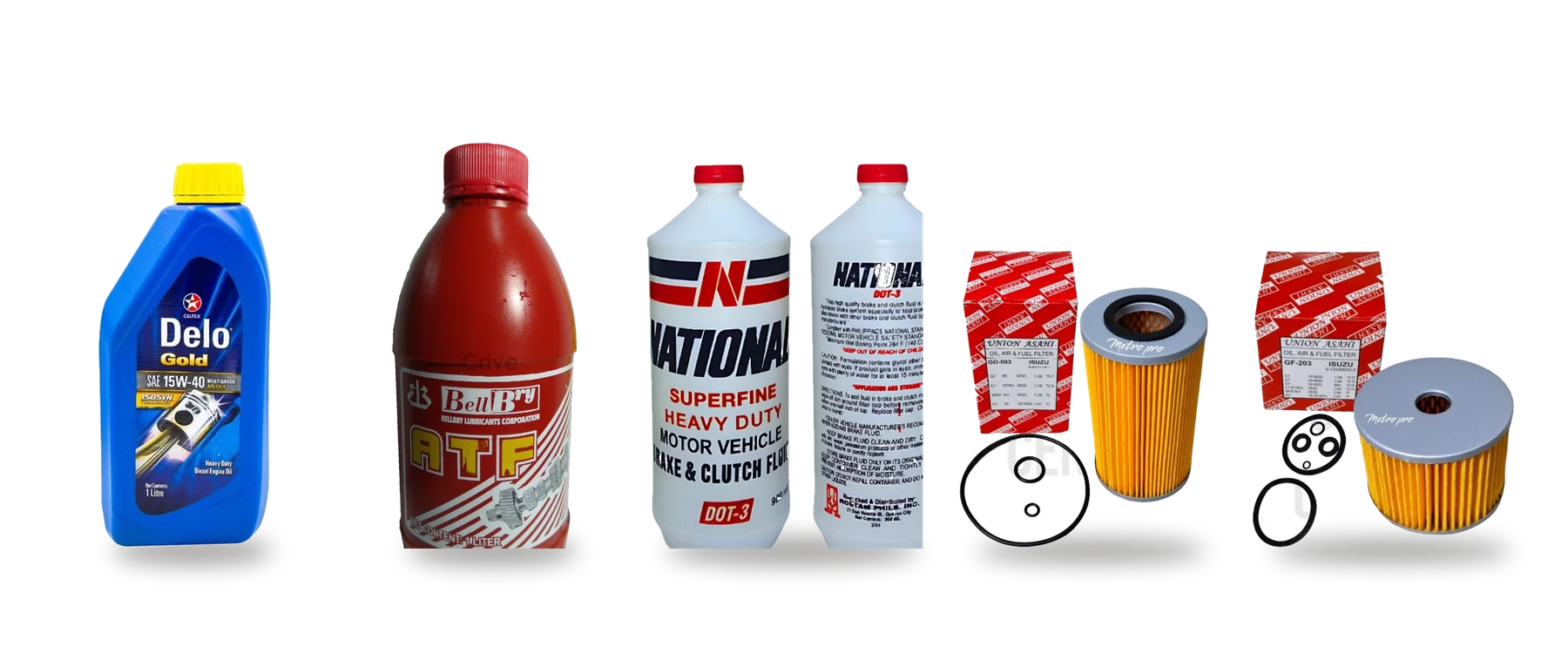 Caltex Delo Gold 15W-40, BellBry ATF, National DOT-3, Union Asahi oil filter and fuel filter